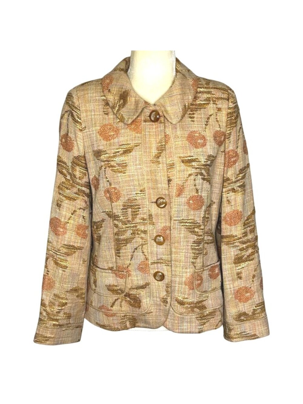 Vintage Tapestry Blazer Floral Brocade Jacket Cottagecore Tan Sz 8 Cherry